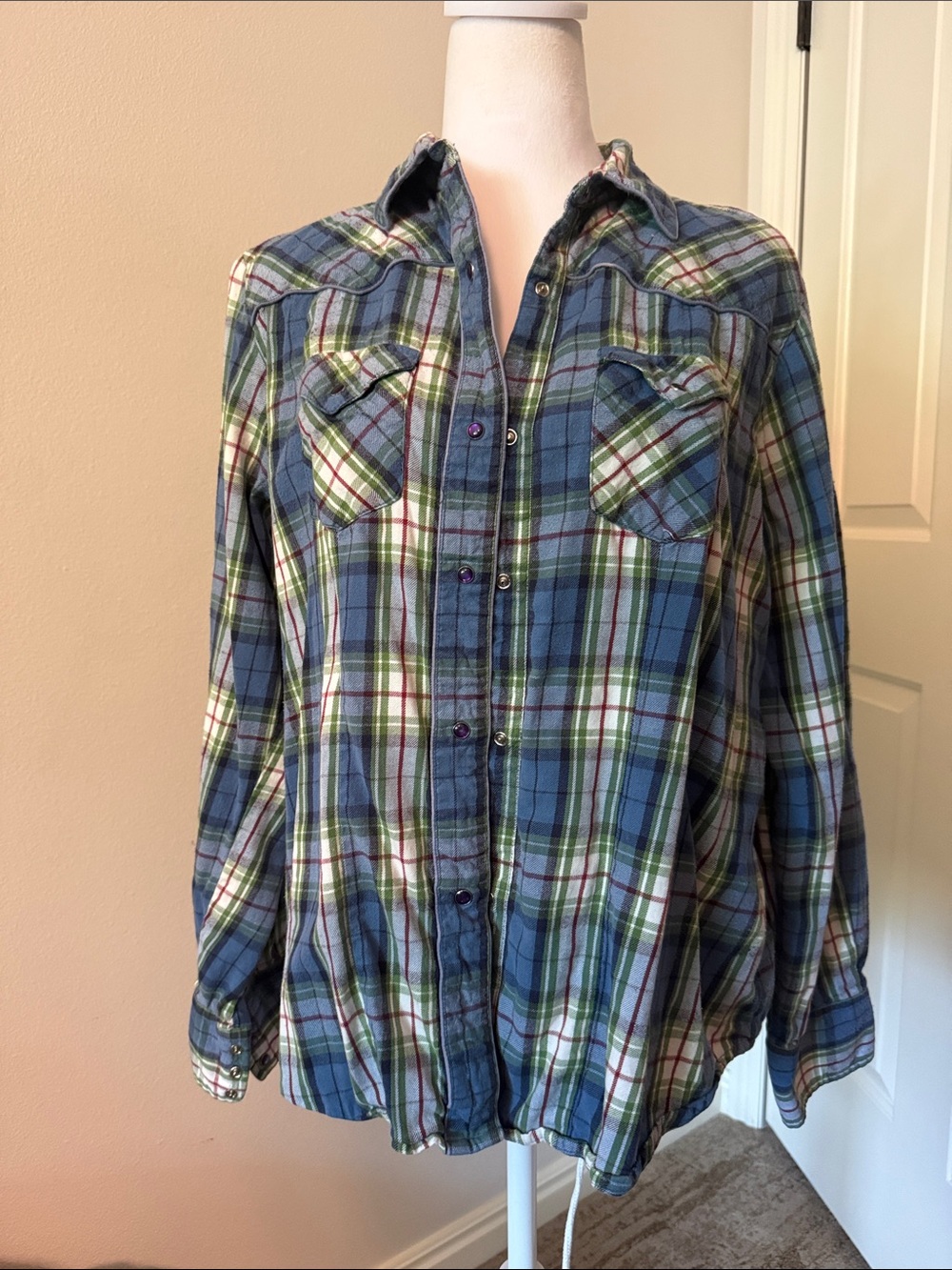 Back in the Saddle flannel Blue and Green Plaid Western, pearl snap Shirt